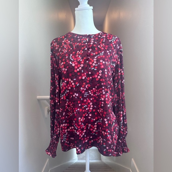 LOFT Blouse Top Velvet Buttons Red & Pink Floral with Cuffed Sleeves Small - Picture 4 of 7